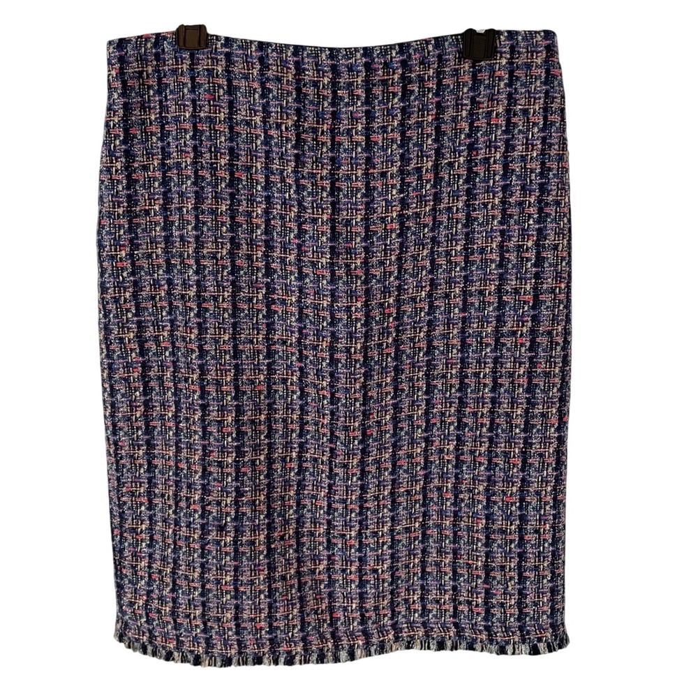 Ann Taylor Womens Navy Pink Tweed Fringe Hem Pencil Skirt Size 12